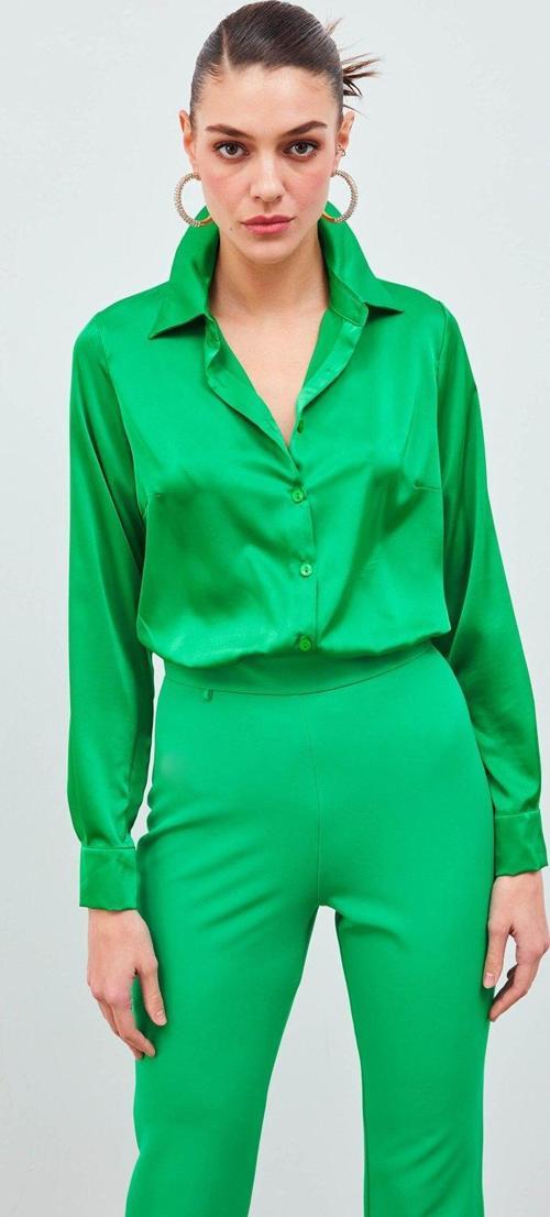 Gömlek Yaka Saten Bodysuit Bluz - Yeşil