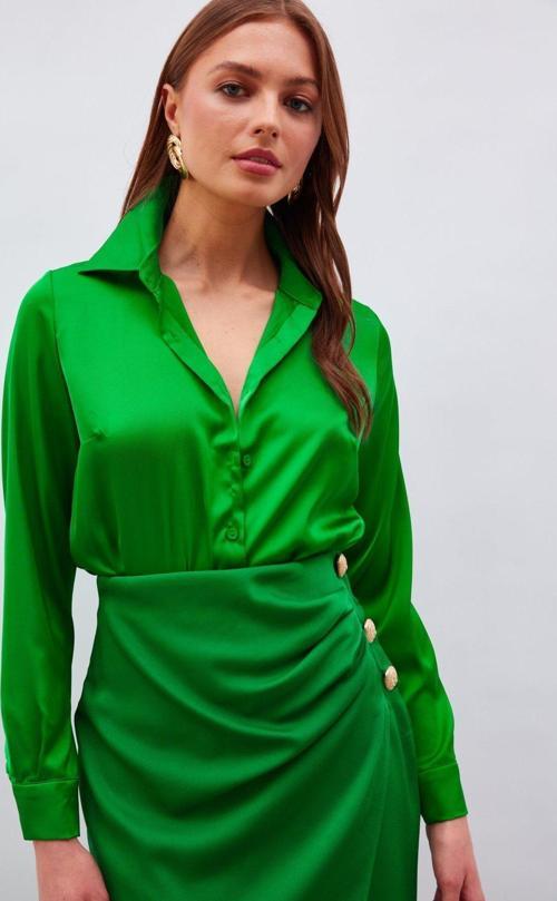 Gömlek Yaka Saten Bodysuit Bluz - K.Yeşil