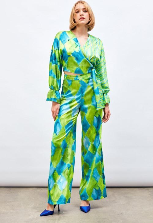 Yüksek Bel Desenli Pantolon - Mavi