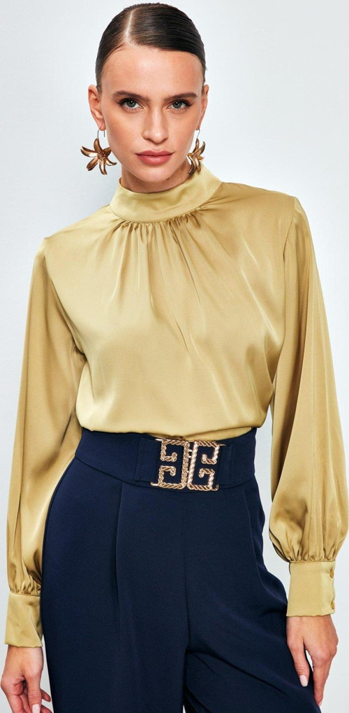 Yaka Detaylı Saten Bluz - Olive