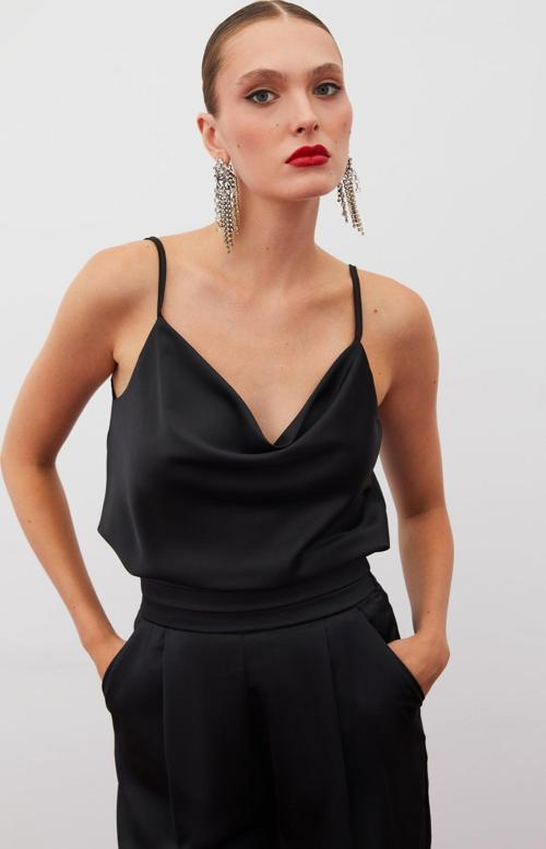 Degaje Yaka Saten Bluz - Siyah