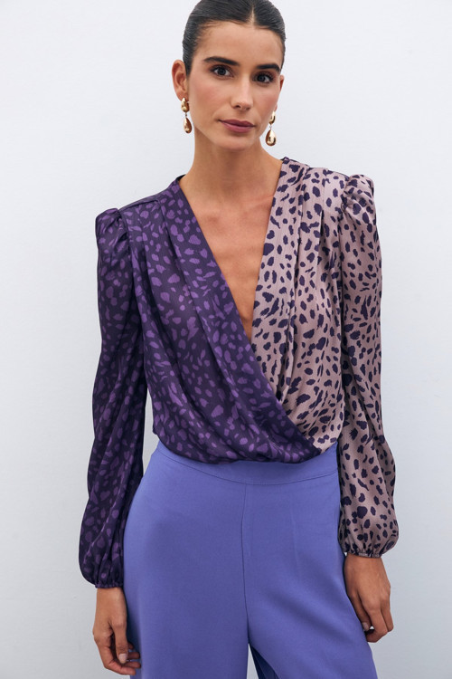 Kruvaze Desenli Bodysuit - Mor-Pudra