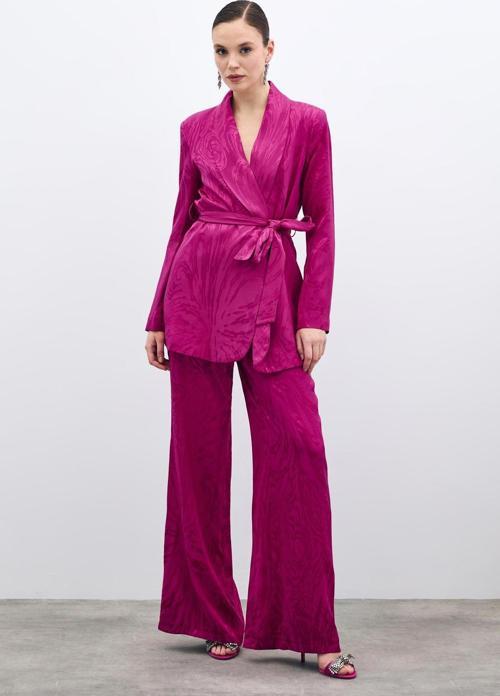 Yüksek Bel Desenli Pantolon - Fuşya