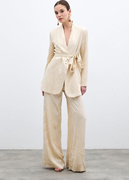 Yüksek Bel Desenli Pantolon - Taş