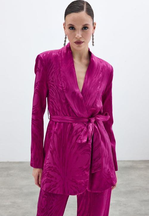 Kuşaklı Desenli Uzun Ceket - Fuşya