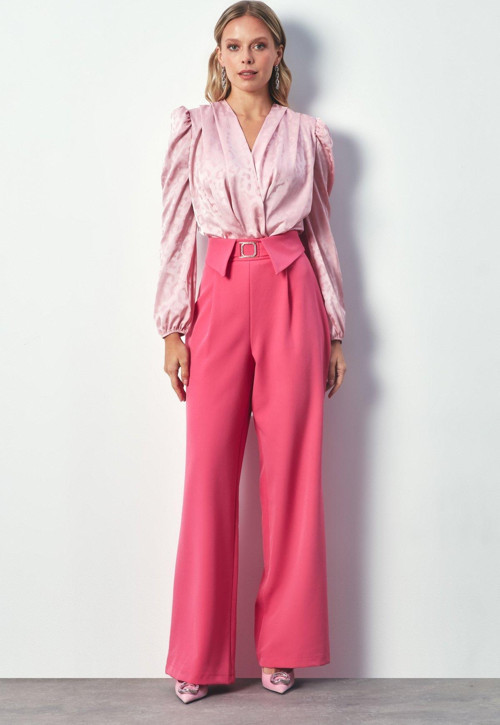 Bel Detaylı Geniş Paça Pantolon - Pembe