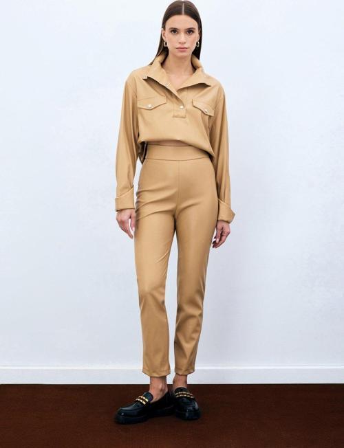 Yüksek Bel Deri Pantolon - Bej