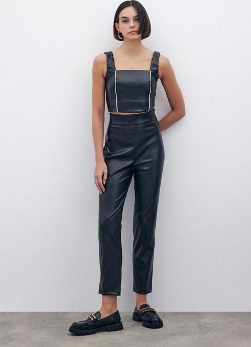 Yüksek Bel Deri Pantolon - Siyah