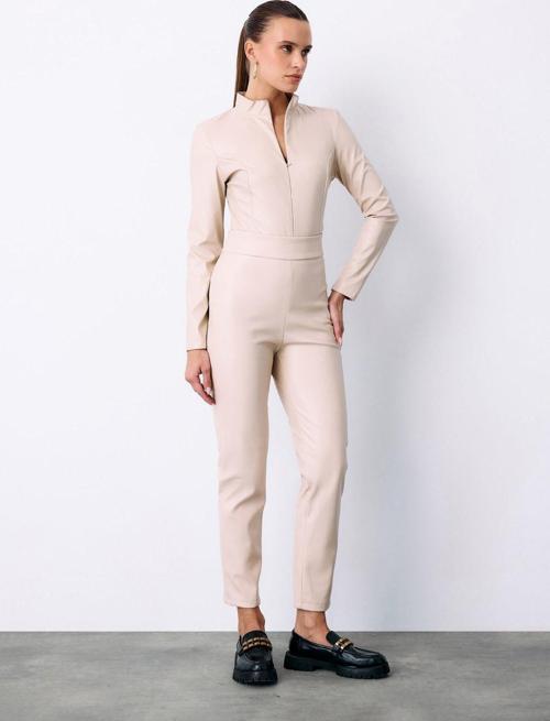 Yüksek Bel Deri Pantolon - Taş