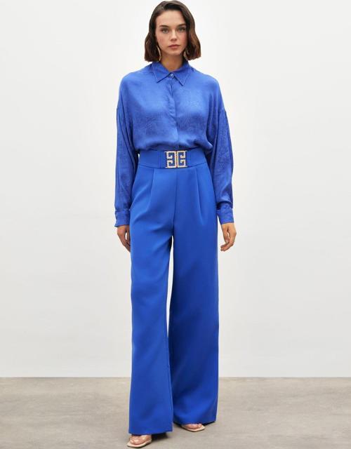 Bel Aksesuarlı Bol Paça Pantolon - Sax Mavi