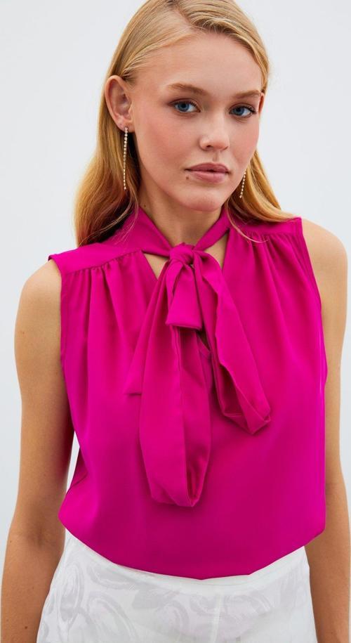 Fularlı Kolsuz Bluz - Fuşya