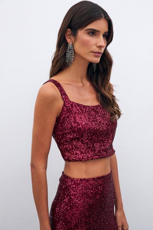 Payetli Crop Bluz - Bordo