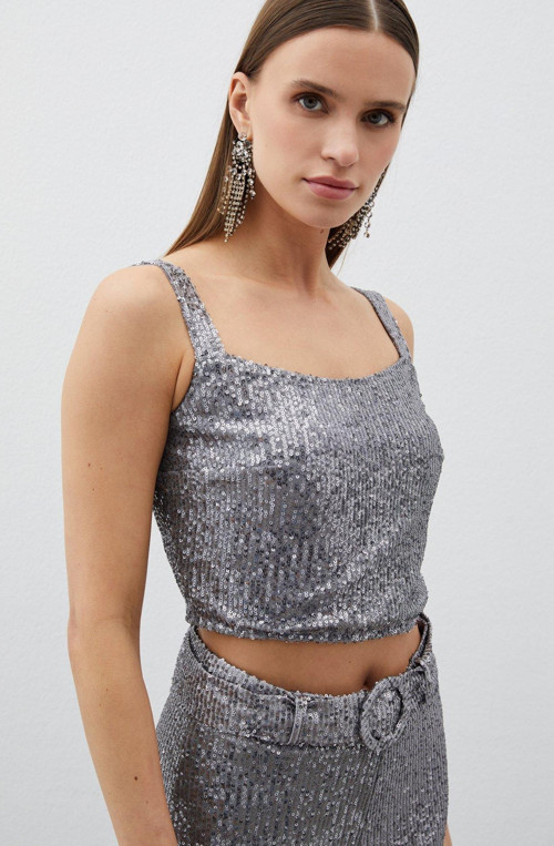 Payetli Crop Bluz - Gümüş