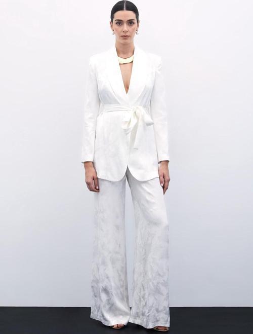 Jakarlı Bol Paça Pantolon - Ekru