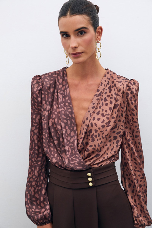 Kruvaze Desenli Bodysuit - Camel-Kahve