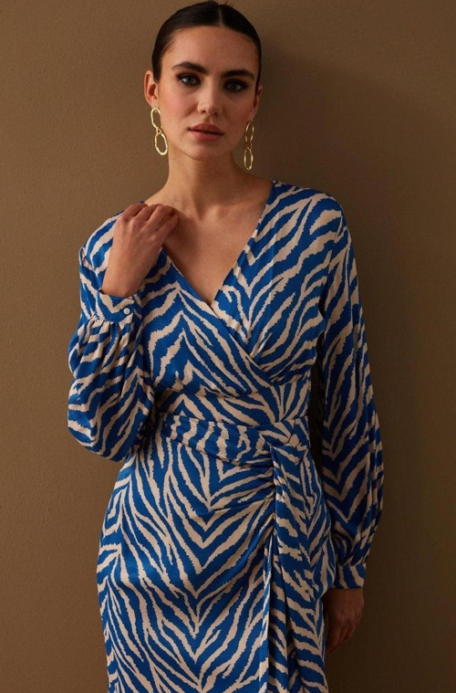 Kruvaze Zebra Desenli Saten Bluz - Mavi