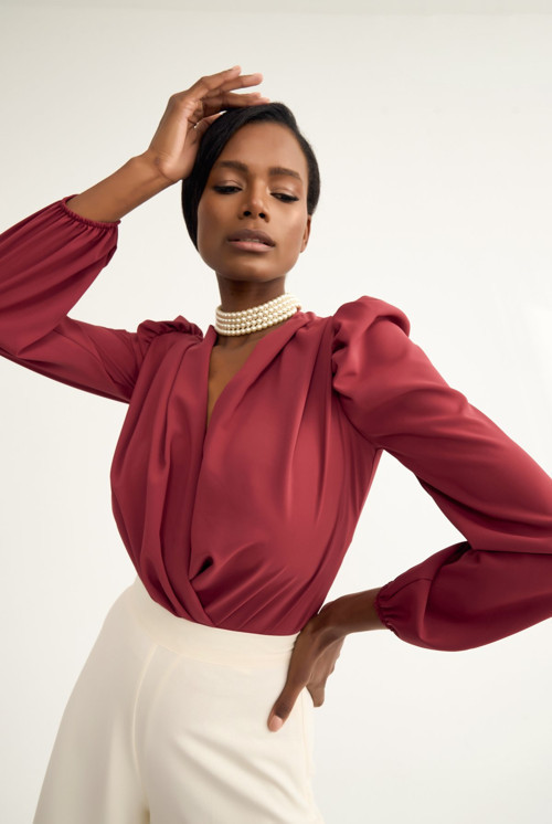 Kruvaze Vatkalı Bodysuit - Bordo