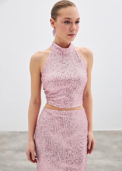 Kolsuz Payetli Bluz - Pudra