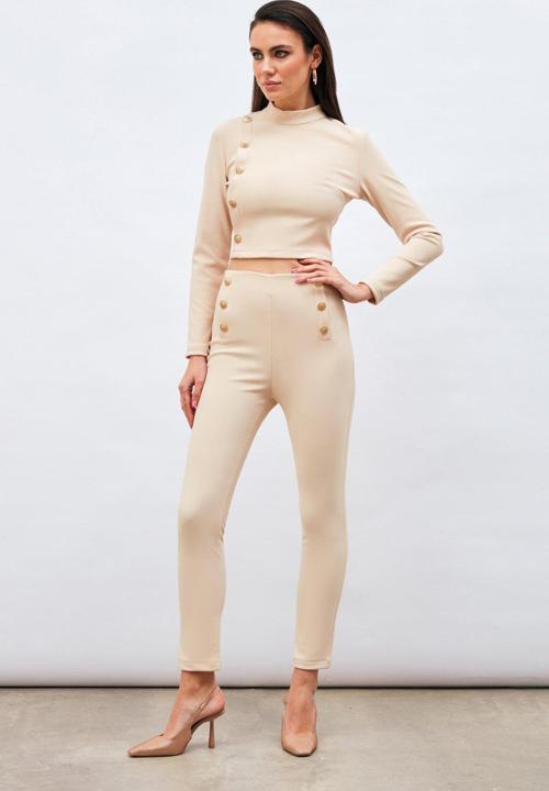 Düğme Detaylı Pantolon - Bej