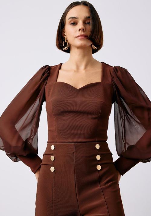 Balon Kol Crop Bluz - Kahve