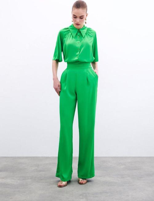 Cepli Salaş Saten Pantolon - Yeşil
