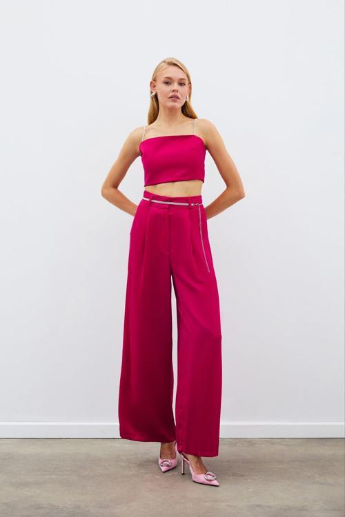 Taş Kemerli Saten Pantolon - Mercan