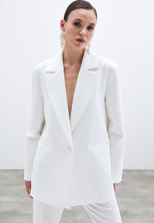 Ön Tek Düğmeli Uzun Ceket - Ekru