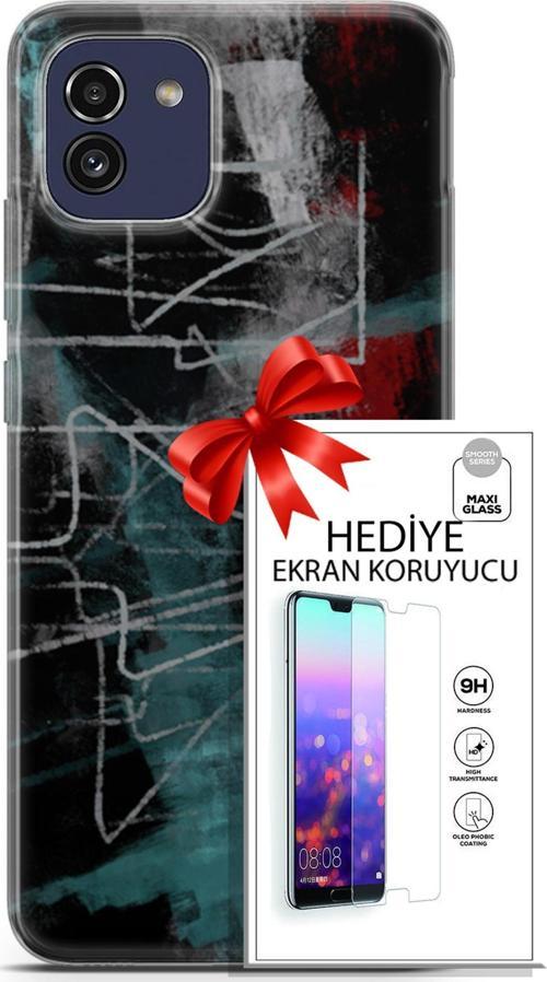 Samsung Galaxy A03 Kılıf Orijinal Seri Nature 07 Gri Çizgiler Desenli Kılıf + Ön Ekran Koruyucu