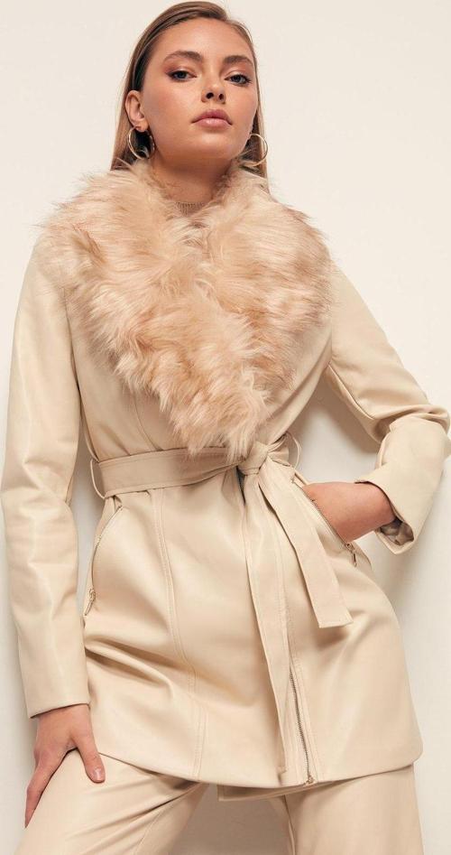 Kürk Detaylı Deri Ceket - Taş