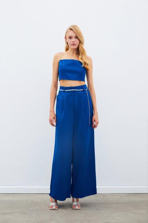 Taş Kemerli Saten Pantolon - Mavi