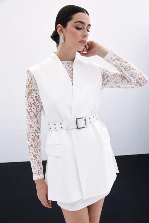 Kemerli Uzun Yelek - Ekru