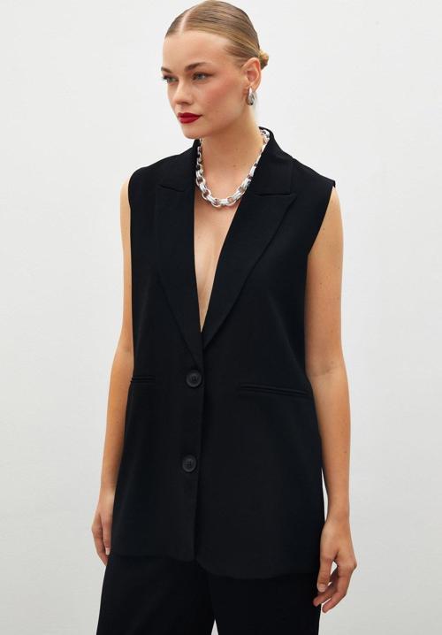 Düğme Detaylı Salaş Yelek - Siyah