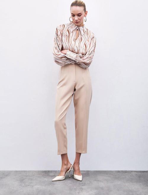 Yüksek Bel Pensli Pantolon - Bej