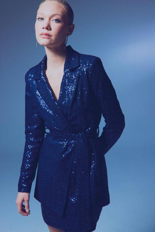 Kuşaklı Payet Ceket - Lacivert