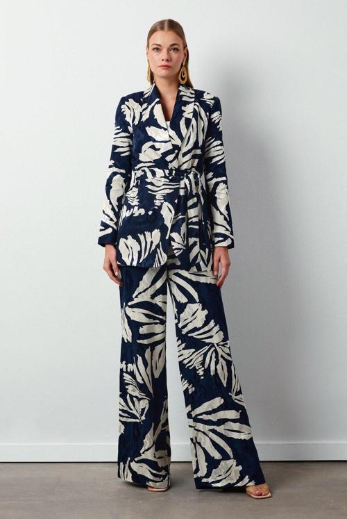 Çiçek Desenli Saten Pantolon - Lacivert