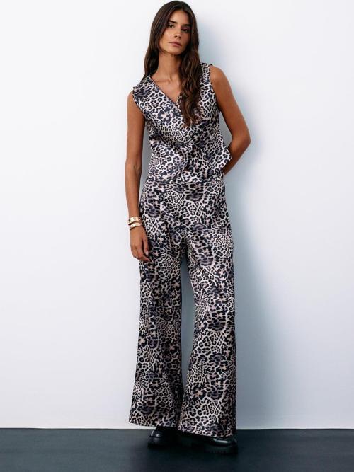 Leopar Desenli Saten Pantolon - Gri