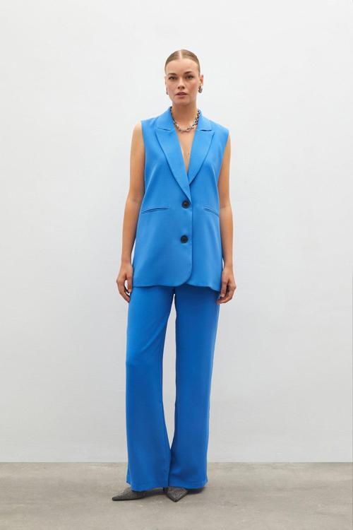 Pileli Krep Pantolon - Mavi