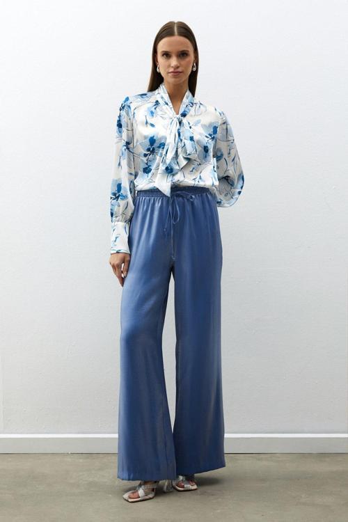 Bel Lastikli Parlak Pantolon - Mavi