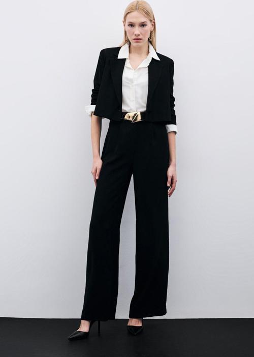 Pileli Krep Pantolon - Siyah