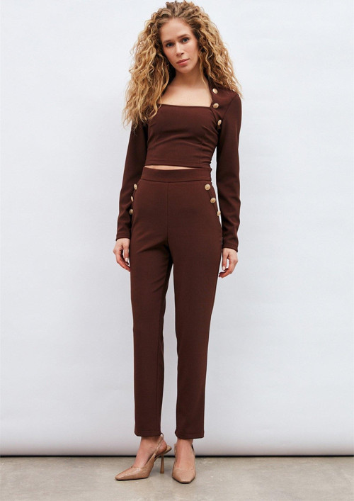 Düğme Detaylı Pantolon - Kahve