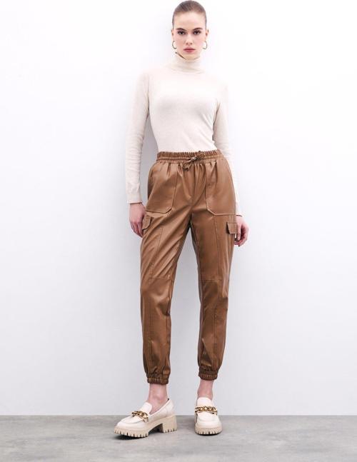 Deri Jogger Pantolon - Bej
