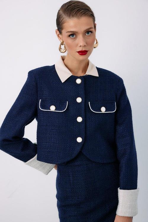 Kontrast Kısa Tüvit Ceket - Lacivert