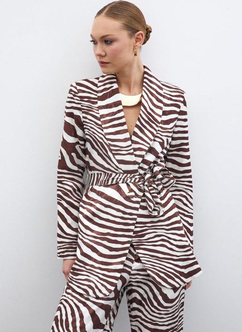 Kuşaklı Zebra Ceket - Kahve