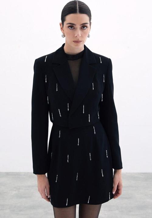 Taşlı Kısa Ceket - Siyah