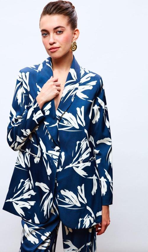 Desenli Salaş Saten Ceket - Lacivert