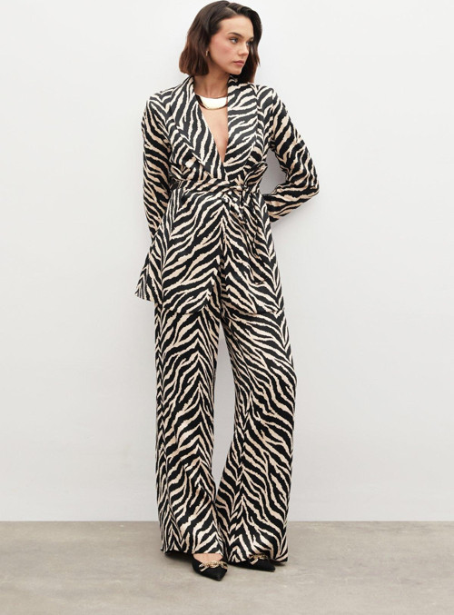 Zebra Desenli Saten Pantolon - Siyah