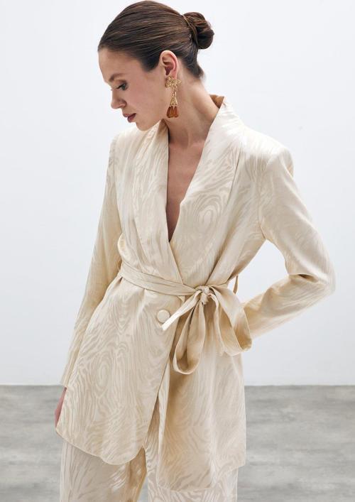 Kuşaklı Desenli Uzun Ceket - Taş