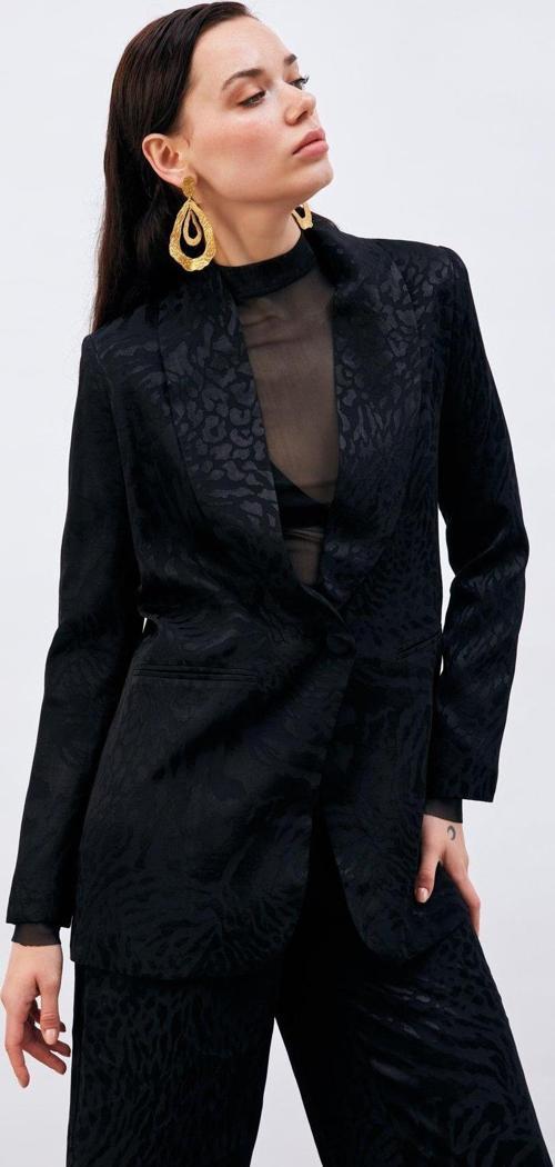 Desenli Saten Ceket - Siyah