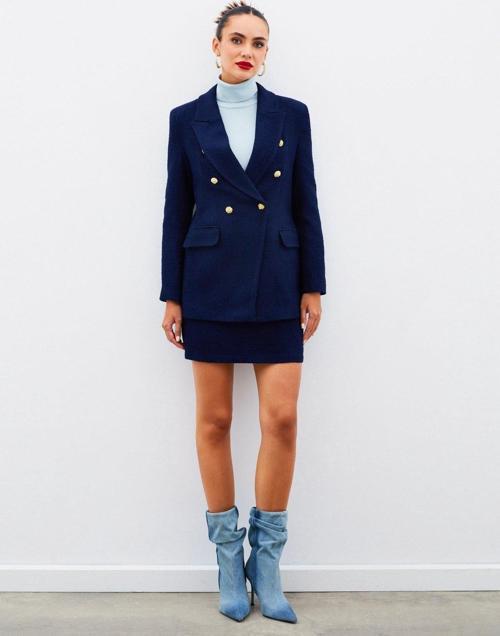 Düğme Detaylı Tüvit Ceket - Lacivert