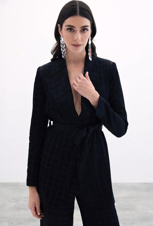 Kare Desenli Kuşaklı ceket - Siyah